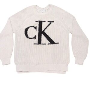 Calvin Klein Jeans Sweater Small White Knit CK Logo‎ Pullover